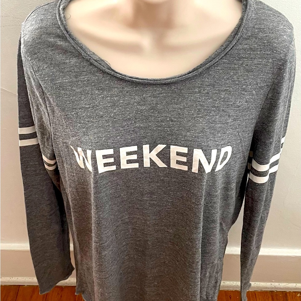 Chaser “Weekend” gray application striped sleeves loungewear sweatshirt, size L
